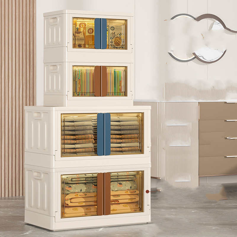 Stackable Beige Storage Box with Transparent Front - Space-Saving Organizer