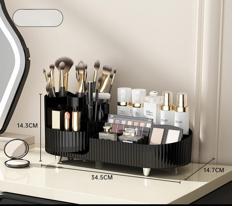 Rotating Beige Cosmetic Organizer - Space-Saving Countertop Solution
