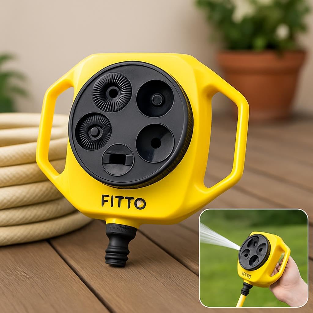 Yellow Circular Hose Reel with Multiple Outlets and Carrying Handle