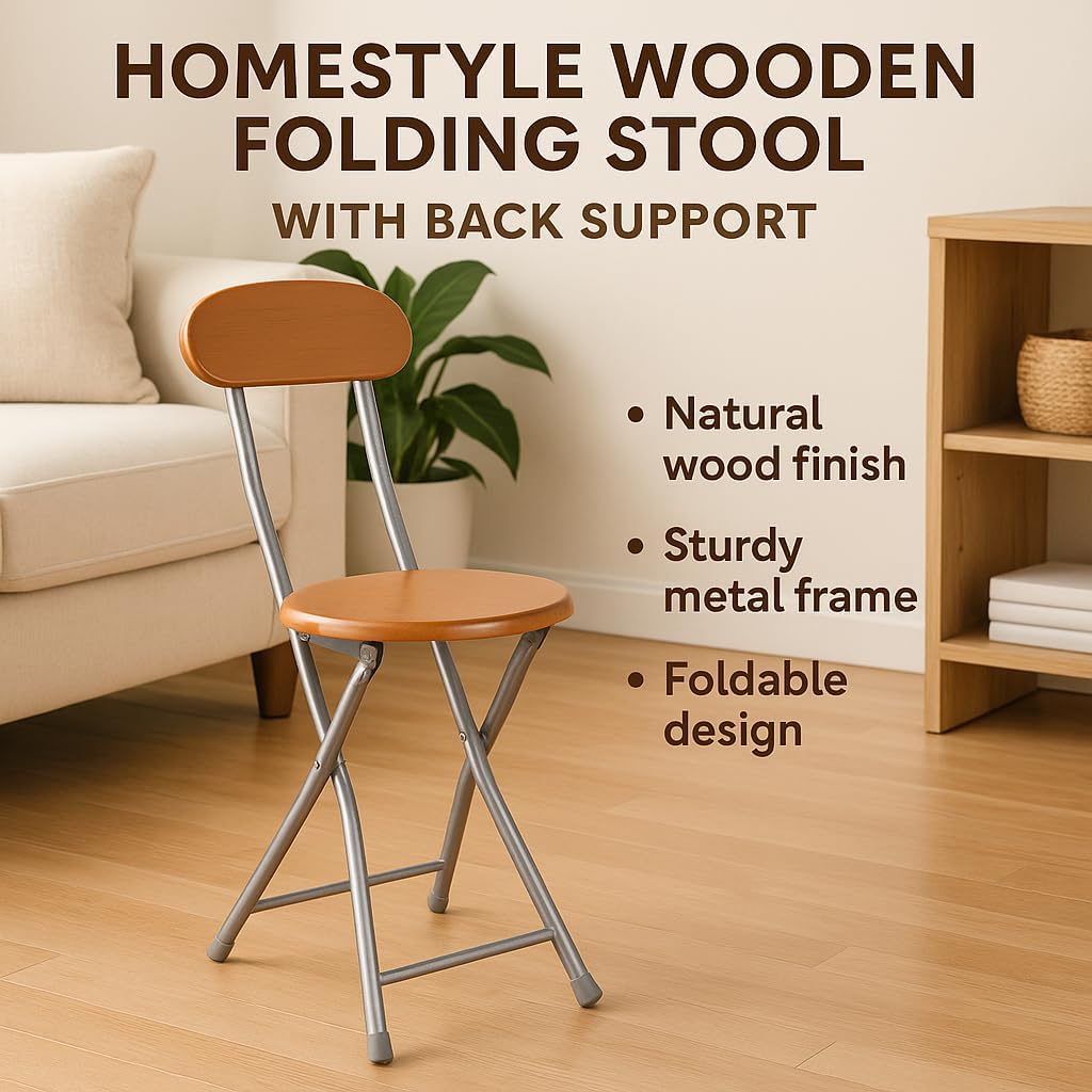 Homestyle Wooden Folding Stool, With Back Support