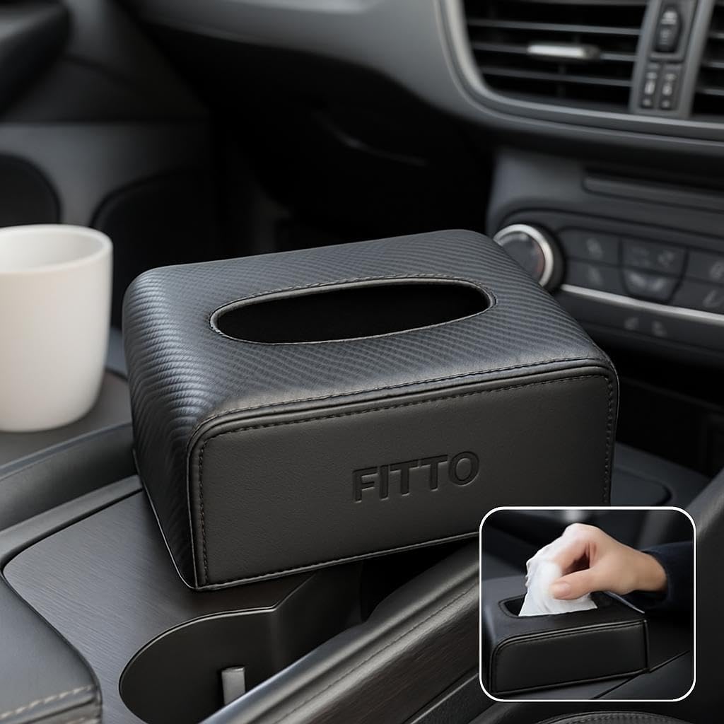 Car Leather Finish Carbon Fiber Refill Tissue Box Holder, Black
