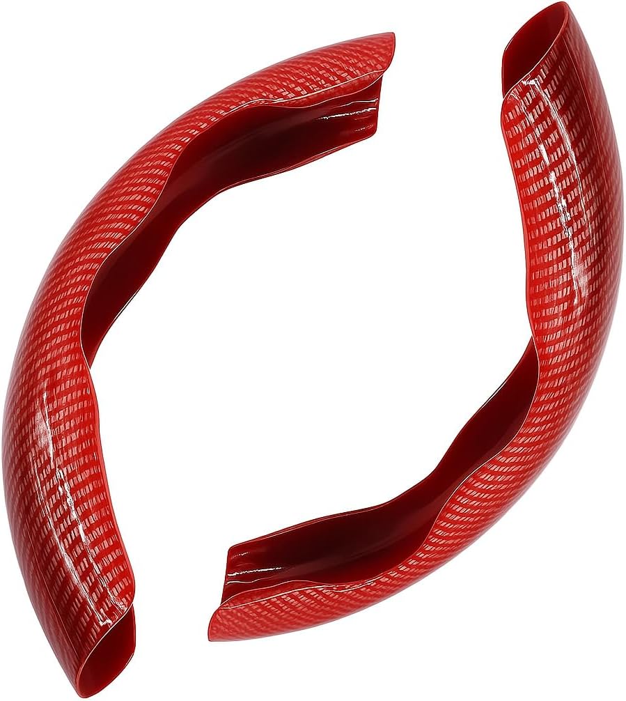Sporty Half Steering Wheel Cover – Rubber, Non-Slip, Breathable & Odorless, Universal Fit, with pattern, Black (Set of 2 Pieces) - Dark Red