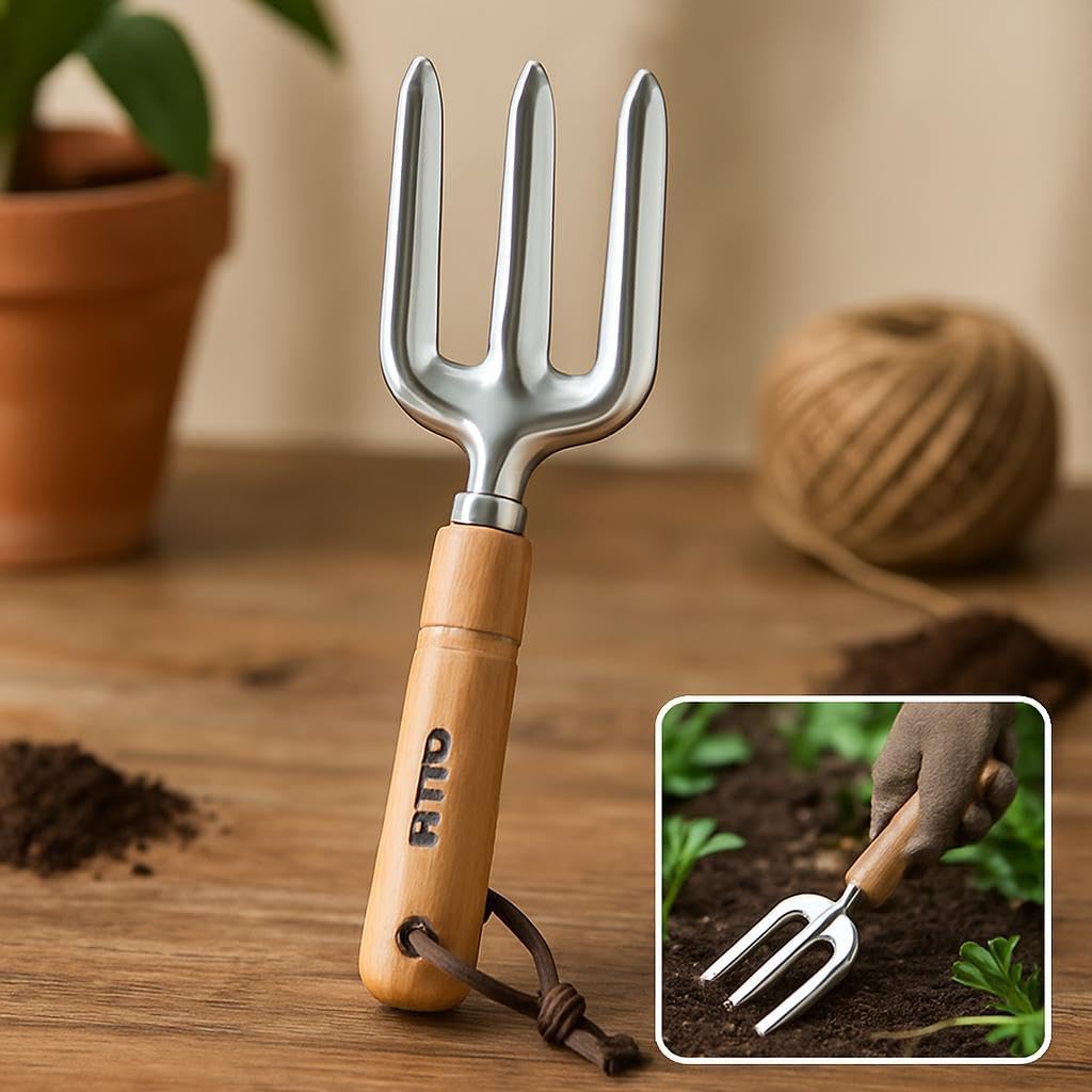 Three-Pronged Garden Cultivator with Wooden Handle and Leather Strap