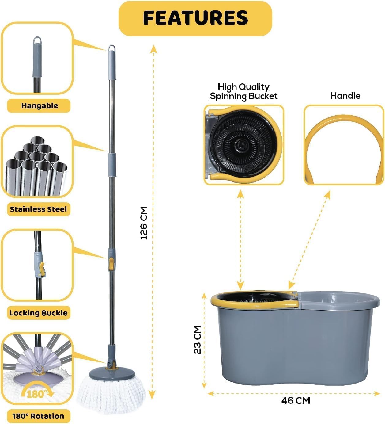 Grey 360° Spin Bucket Mop Set with 4 Easy Wheels - Adjustable Telescopic Handle, Durable Microfiber Mop Heads, Includes Extra Refill for Effortless Home Cleaning