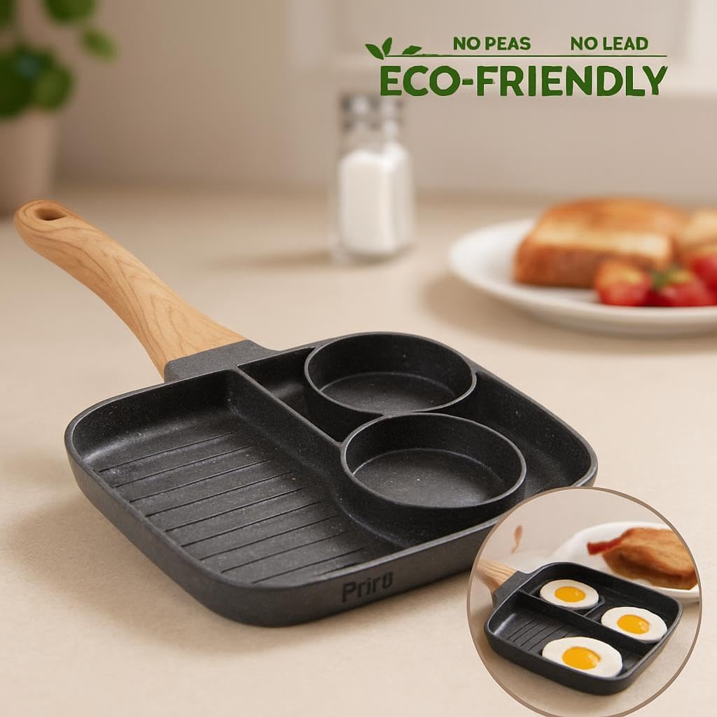 3 in 1 Non Stick Egg Frying Pan with Blocks Aluminium and Wooden Handle