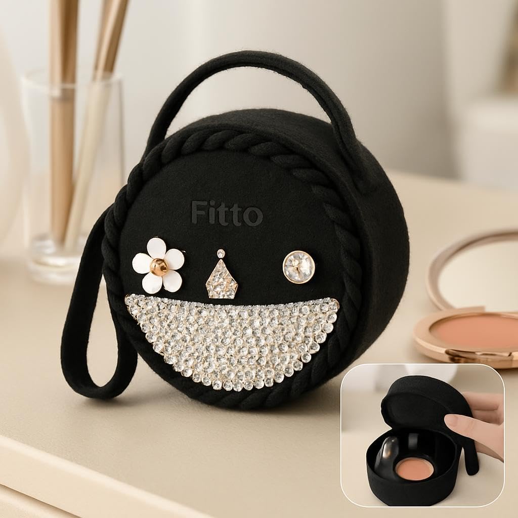 Small Round Wool Makeup Bag with Handle - Black Portable Travel Makeup Organizer