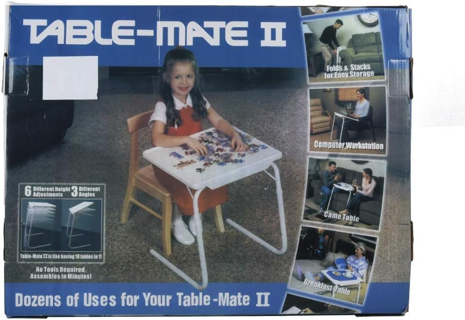 Table Mate II Laptop Table – Adjustable White Foldable Table with 6 Height Levels & 3 Angle Settings for Home, Office, and Study