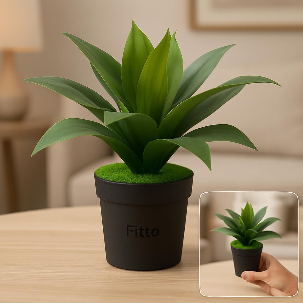 Small Artificial Plant with Long Green Leaves in Black Pot