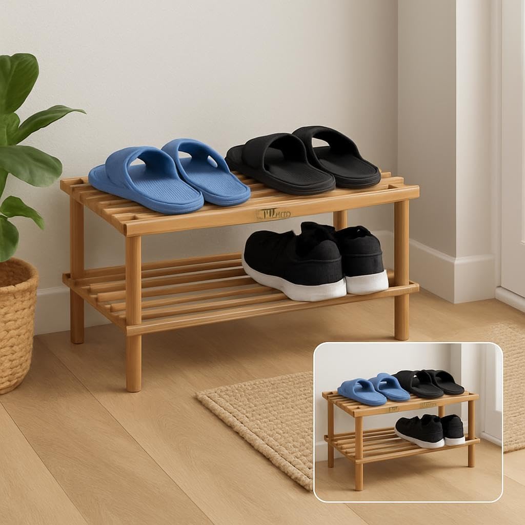 Wooden Shoe Rack 2 Tier, Natural Wood Color, 63x26x29.5cm