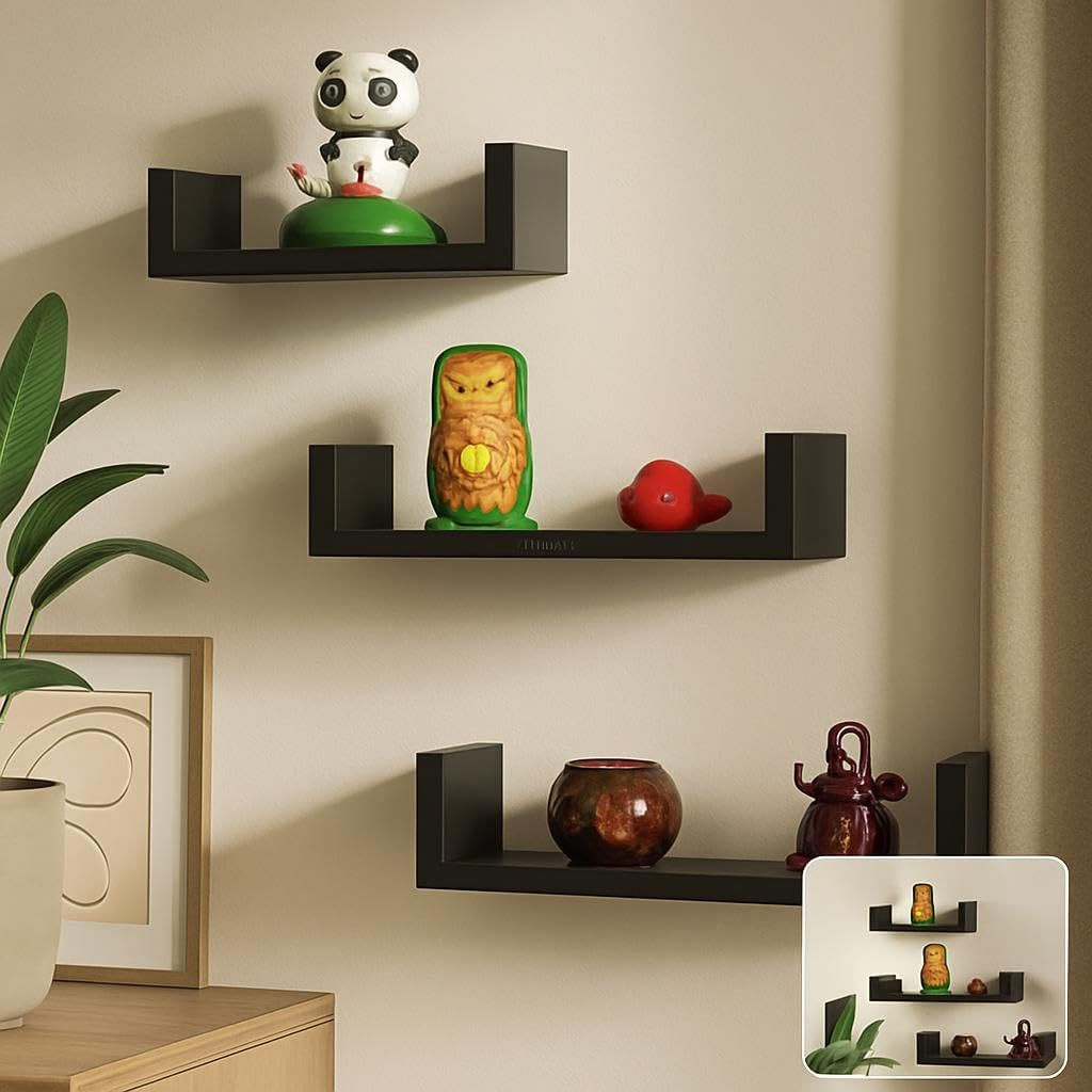 C-Shape Wall Shelves Set of 3, Black Square Edge Floating Shelves