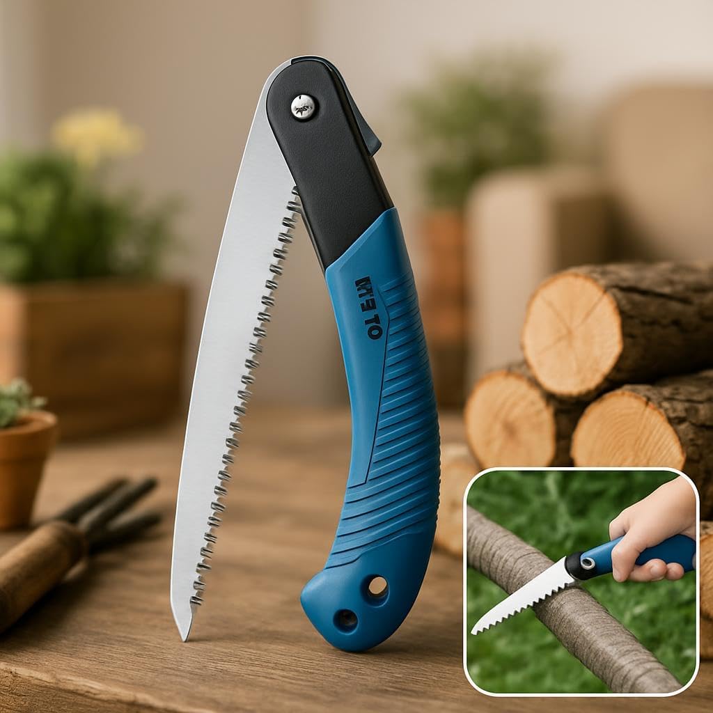 Folding Saw with Blue Handle for Wood Cutting and Gardening