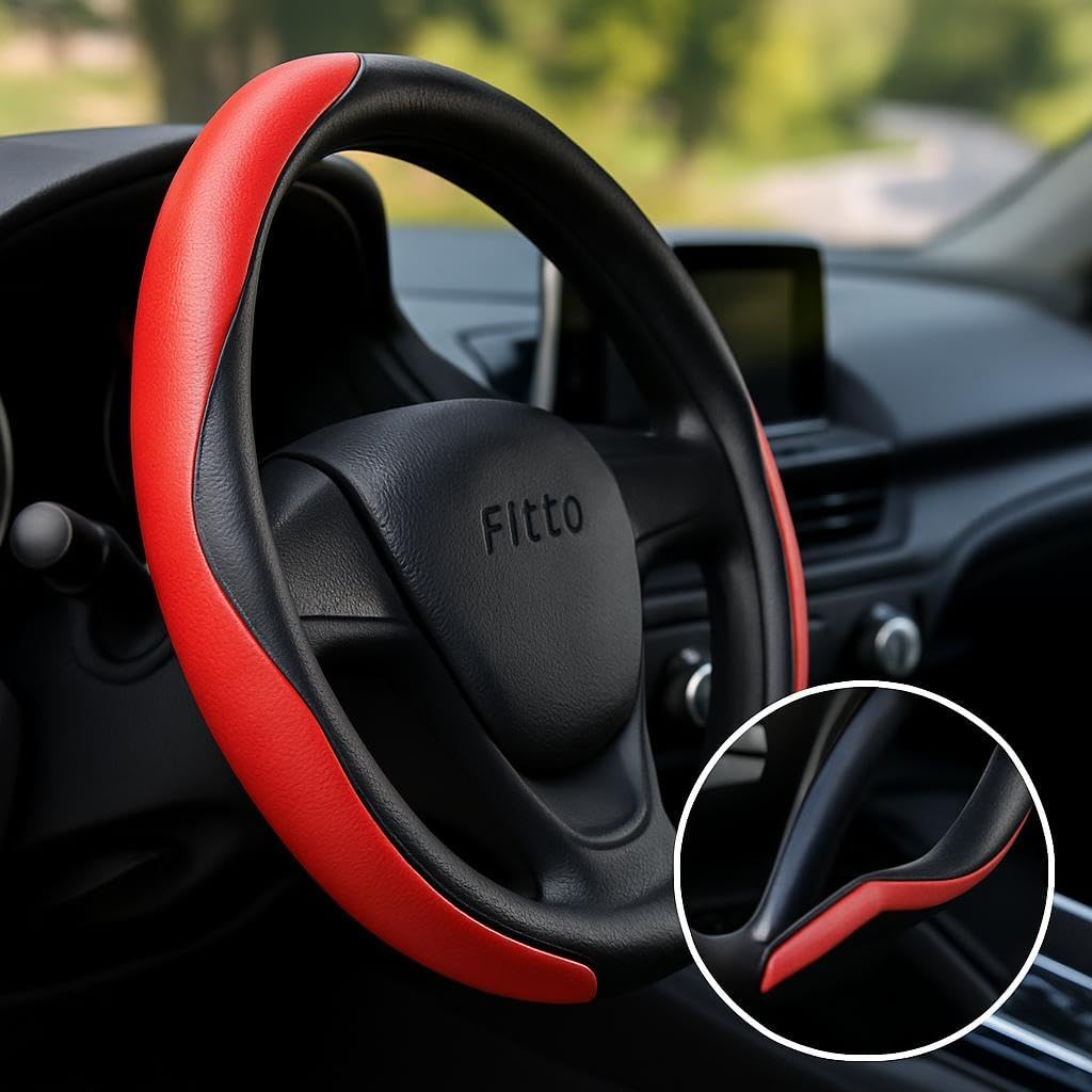 Sporty Half Steering Wheel Cover – Rubber, Non-Slip, Breathable & Odorless, Universal Fit, Plain Black (Set of 2 Pieces) - Black