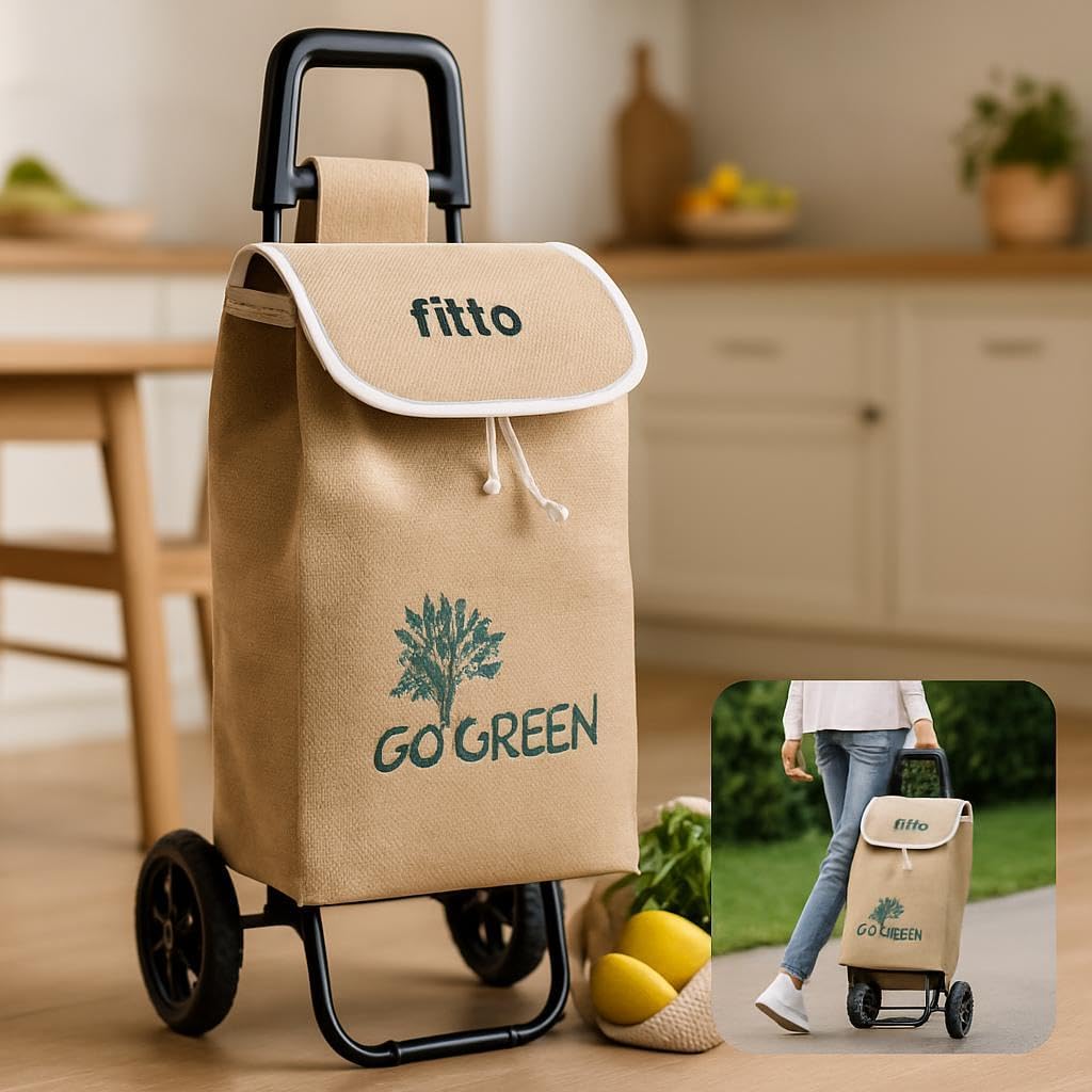 Eco-Friendly Jute Shopping Trolley with Wheels, 33L, Carbon Steel Frame, 53x31x20CM