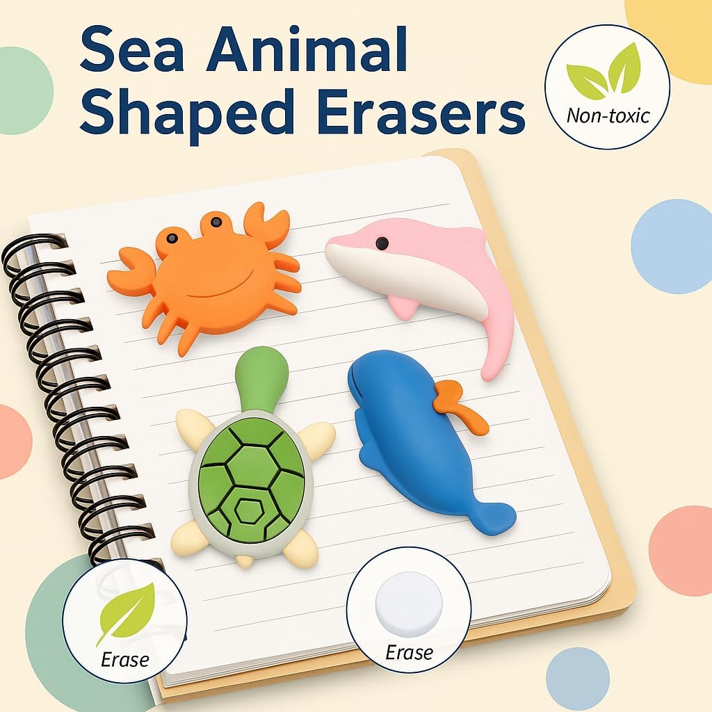4-Piece Sea Animal Shaped Erasers, Assorted Colors