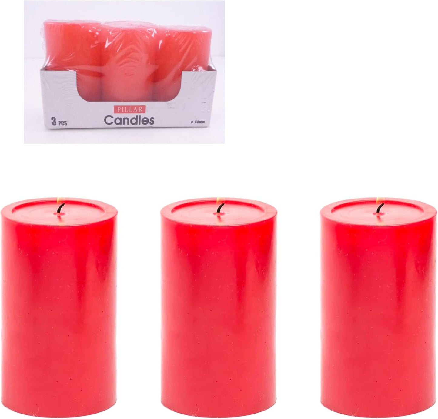Red Pillar Candles 3 Piece Set Unscented Home Decor, Wedding & Event Candle, Long Burning Smokeless (5X7.5 CM)