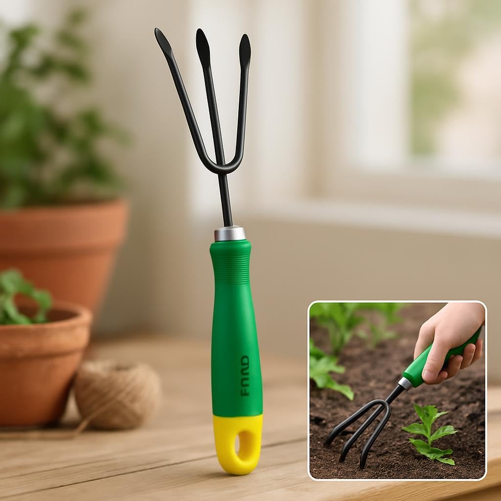 Ergonomic Garden Cultivator with 3 Sharp Curved Tines for Weeding and Soil Loosening