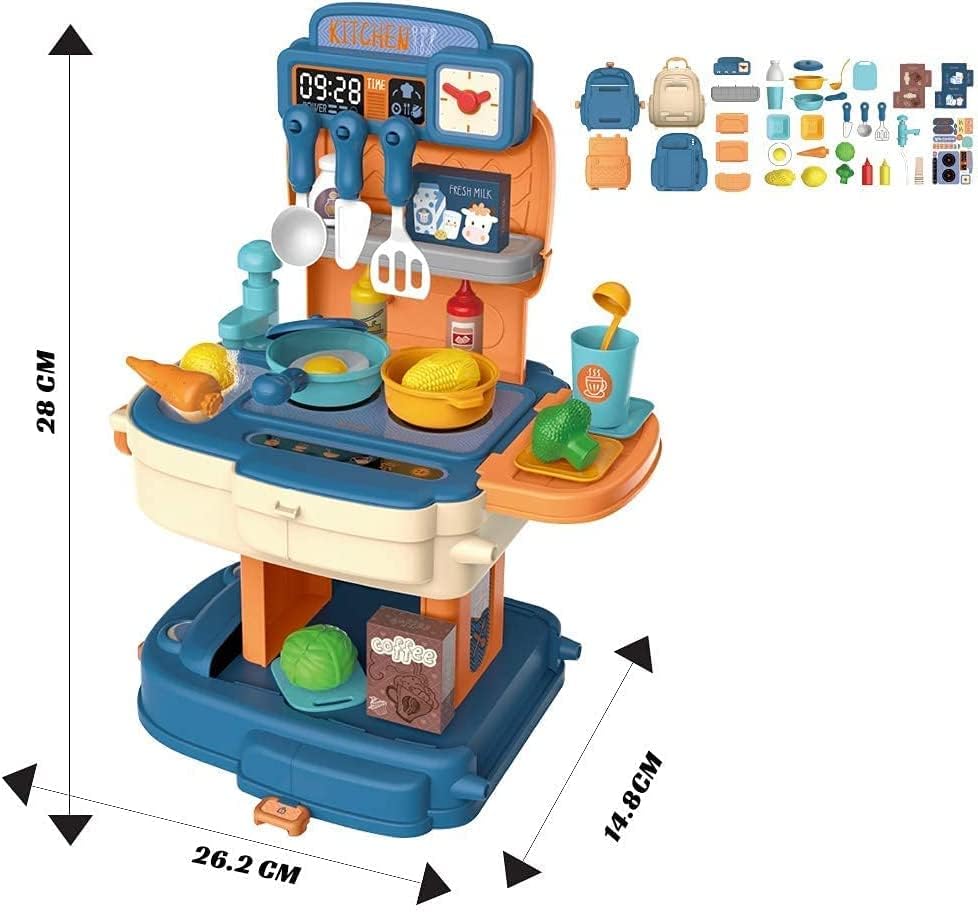 Kitchen Toy Kitchen Backpack Playset For Kids, Portable Kids Mini Play Kitchen With Cooking Utensils, Pots, Fruits And Vegetables