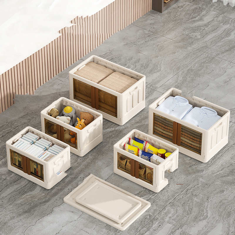 Stackable Beige Storage Box with Transparent Front - Space-Saving Organizer