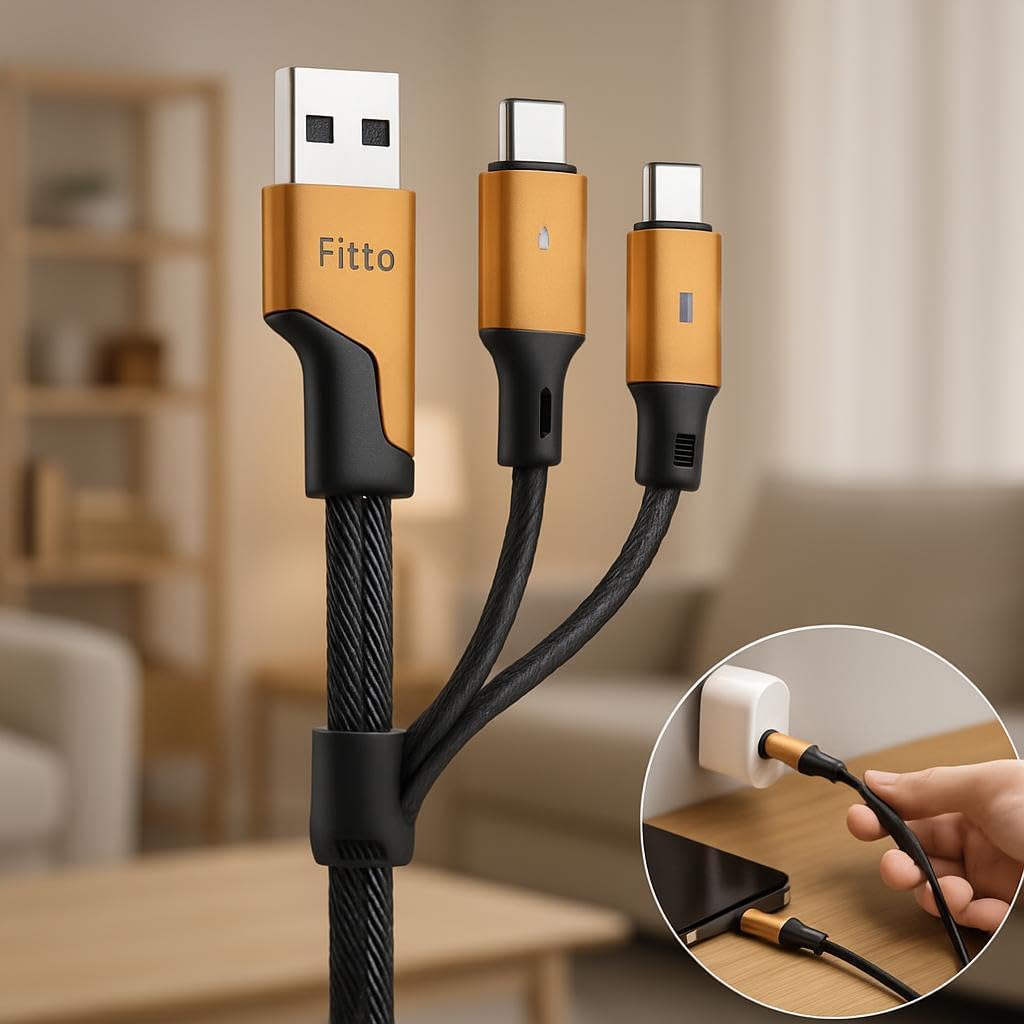 4 in 1 Data Cable, USB to Lightning, USB to Type C, Type C to Lightning, Type C to Type C, 2m, Orange & Black