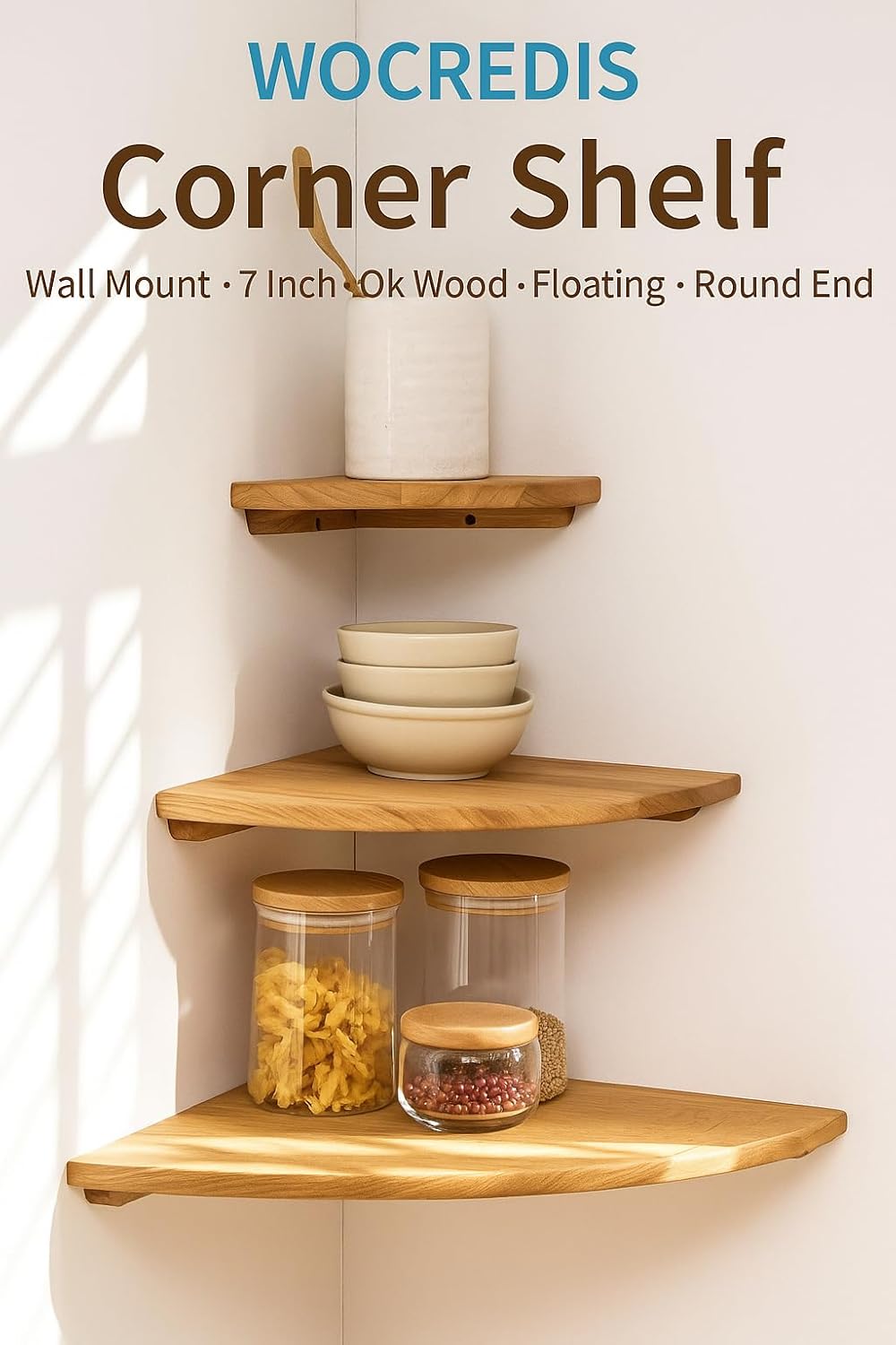BEUGAWHOO Corner Shelf Wall Mount, 7inch, Oak Wood, Floating, Round End, Small Corner Nightstand, Plant Stand, For Kitchen Living Room Bedroom