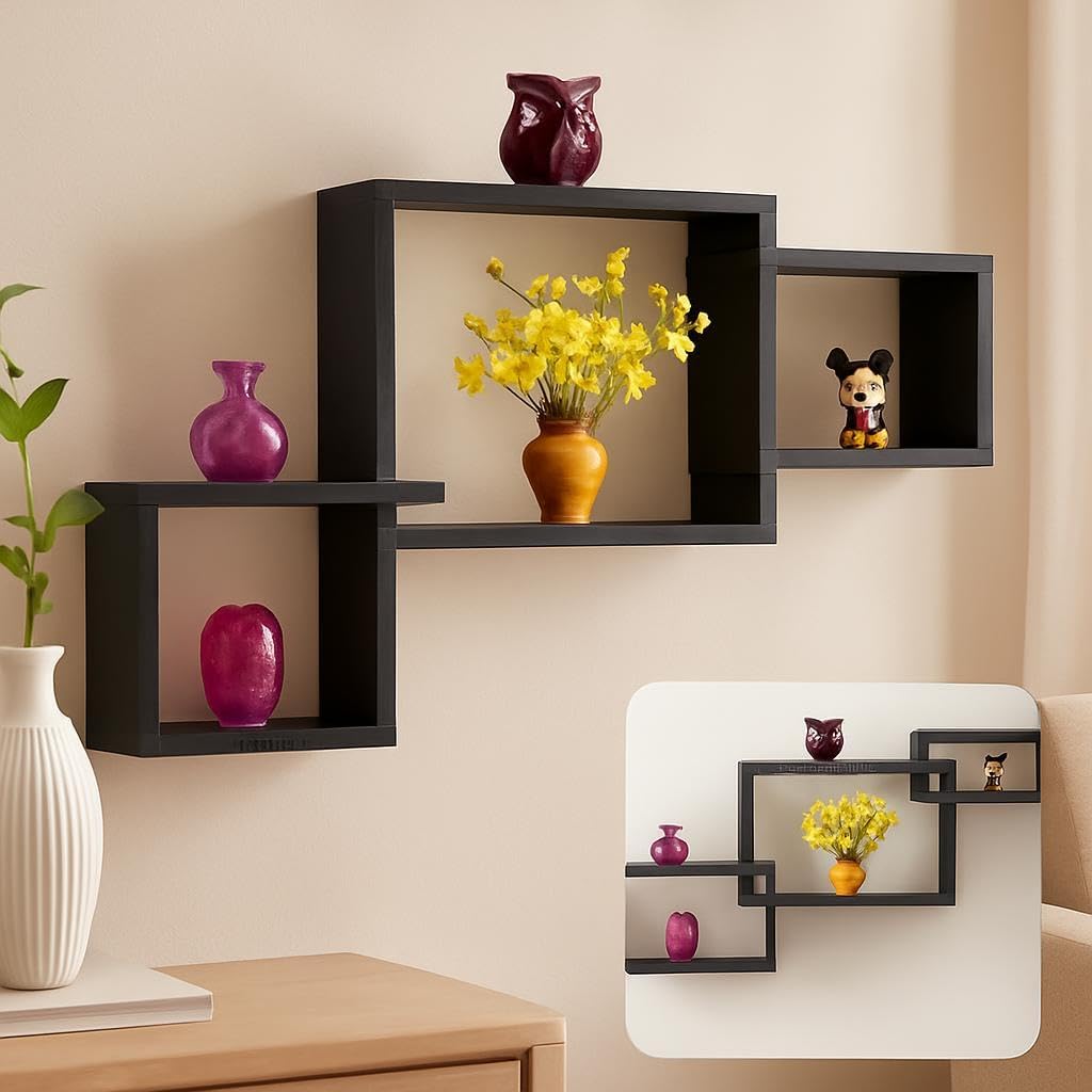 Interlocked Black Cuboid Wall Shelves Set of 3 for Home Decor