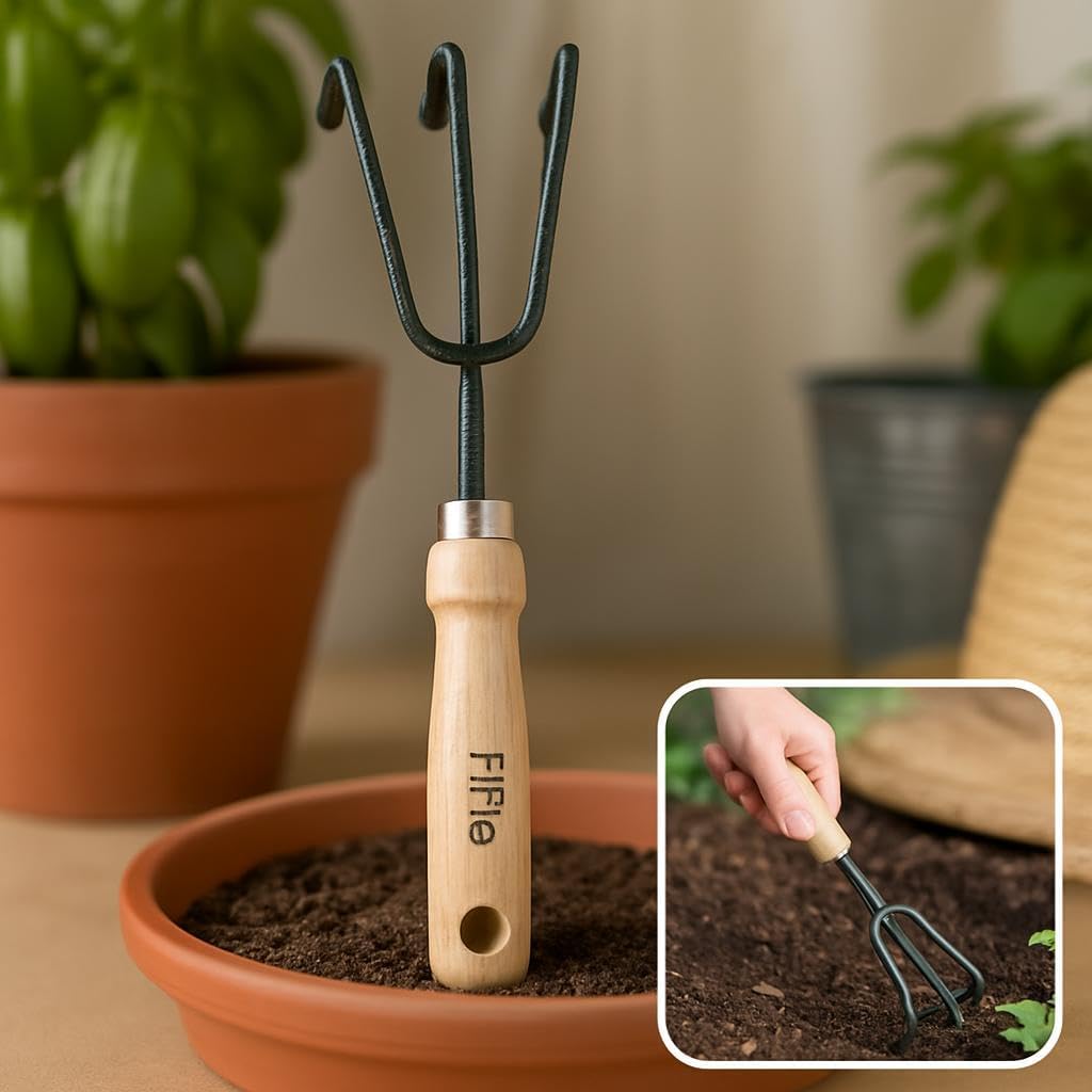 Hand Cultivator with Wooden Handle and Metal Prongs for Gardening