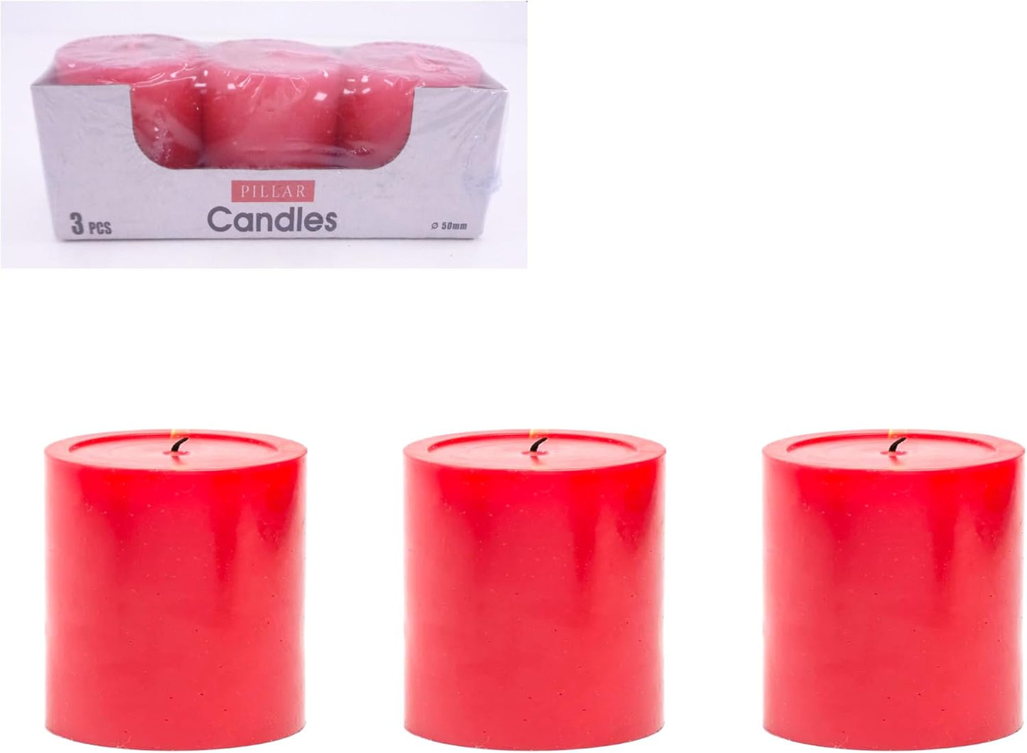 Pillar Candle Red Unscented 3 Piece Set 5x5cm for Home Decor, Weddings, Events & Relaxation