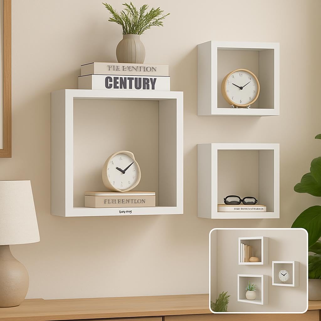 Wall Shelves Cube 3Pcs Set, White for Home and Office Storage