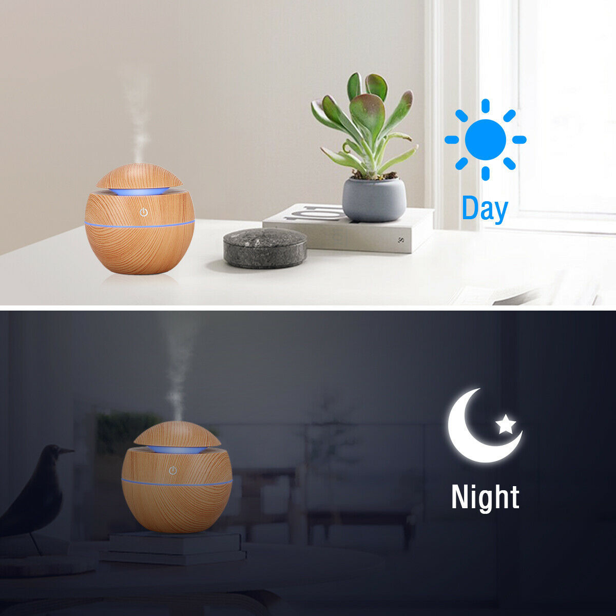 Spherical LED Essential Oil Diffuser with Wood Finish