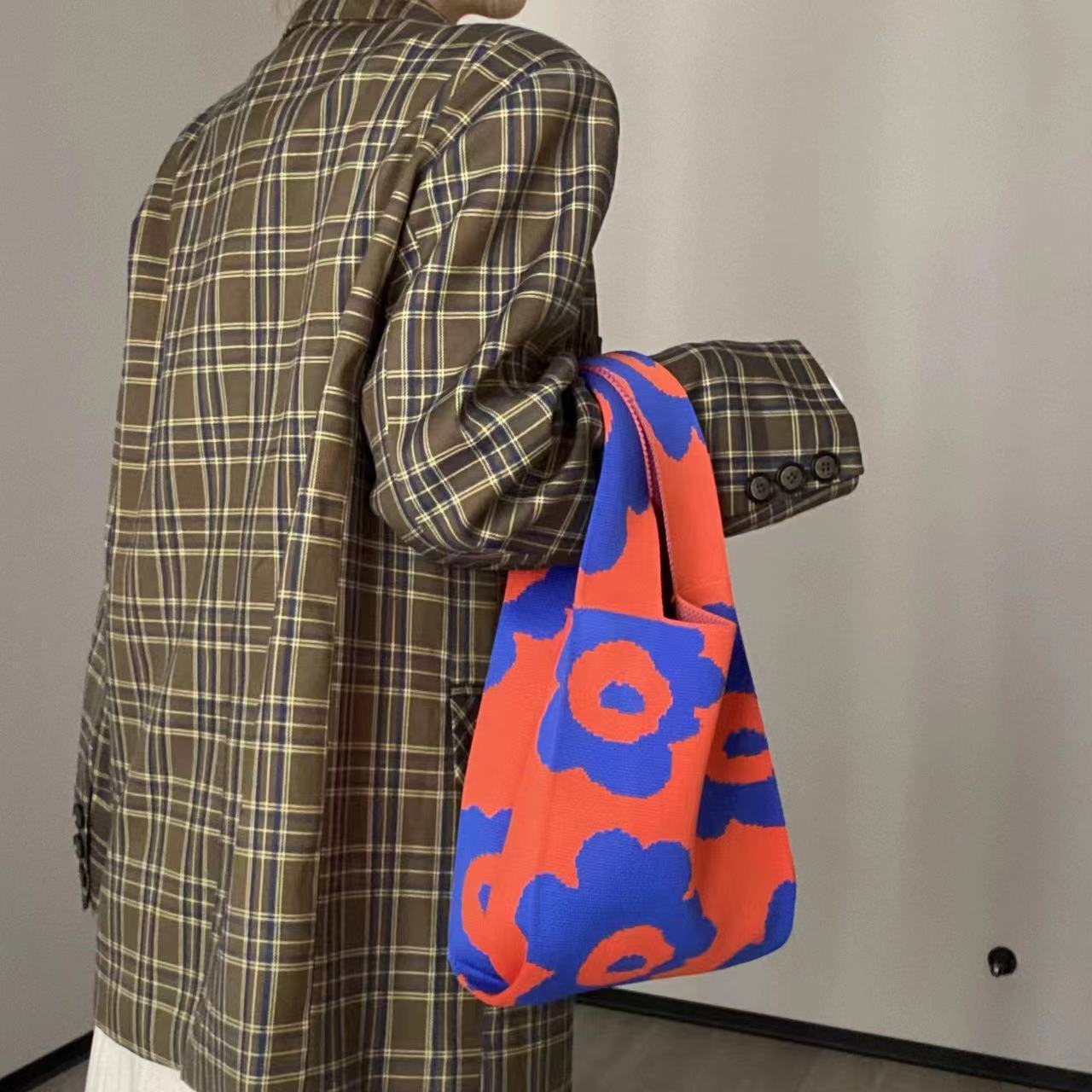 Eco-Friendly Reusable Cotton Bag - Red with Blue Floral Pattern