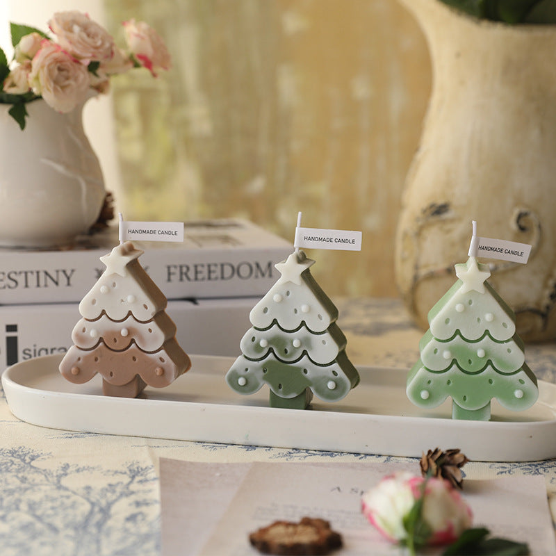 Eco-Friendly Handmade Christmas Tree Candle in Brown, White, and Green