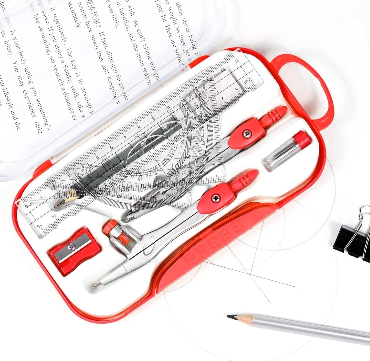 Mathematical Drawing Instruments Box – Complete Geometry Set with Compass, Protractor, Ruler, Set Squares, Eraser – Precision Tools for School, Office, and Engineering Use