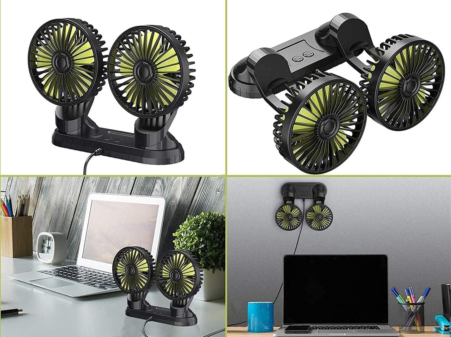 Dual Head Car Fan 5V USB Electric Cooling Fan, 3-Speed 360° Rotating Air Circulator, Dashboard Mounted, Energy-Efficient with Aromatherapy Tablets for Car, Home, Office