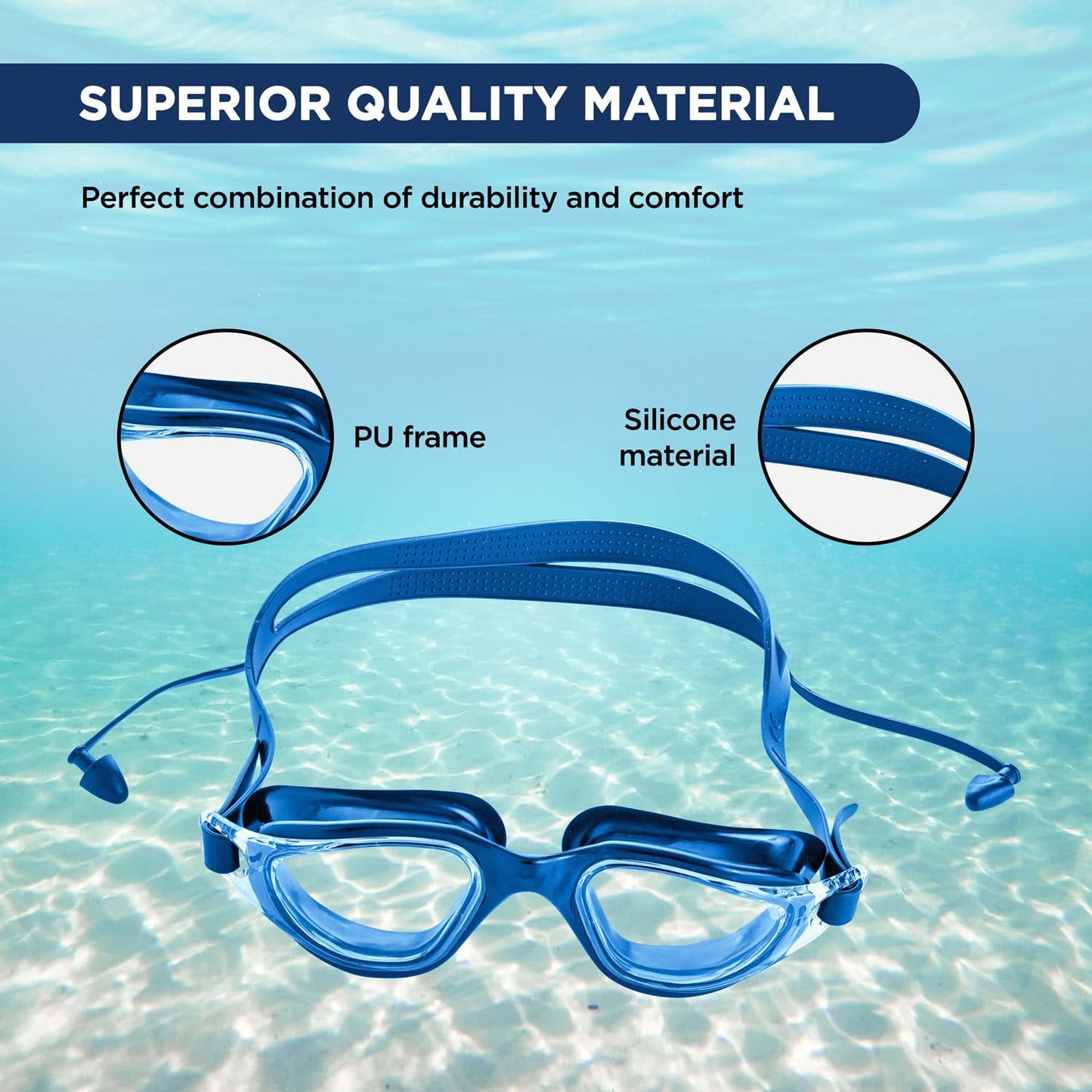 Blue Swimming Goggles with Anti-Fog, UV Protection, Adjustable Strap & Ear Buds – Silicon & Plastic Design