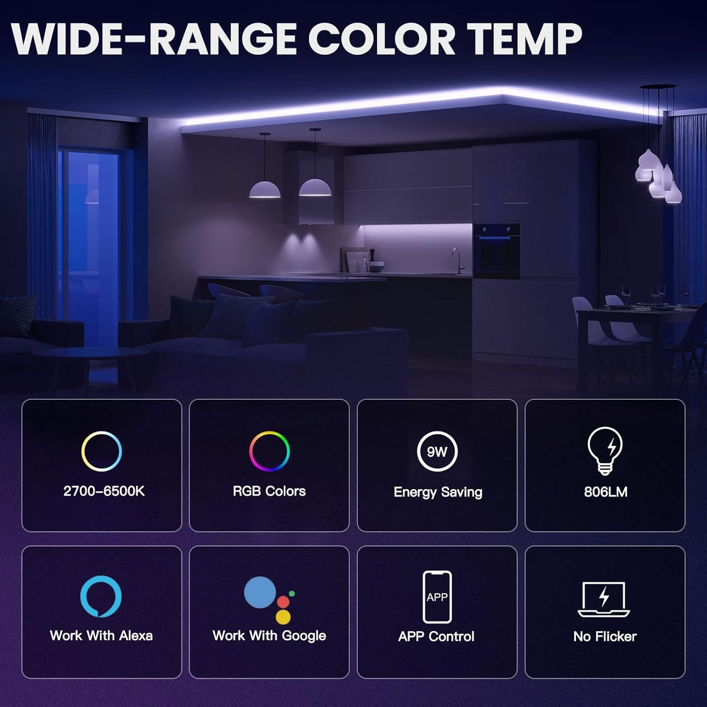 RGB Color Smart LED Bulb - WiFi & Bluetooth Compatible, Alexa & Google Assistant Voice Control, Energy Efficient, Adjustable Brightness, 16 Million Colors, E26 Base - 10W (60W Equivalent)