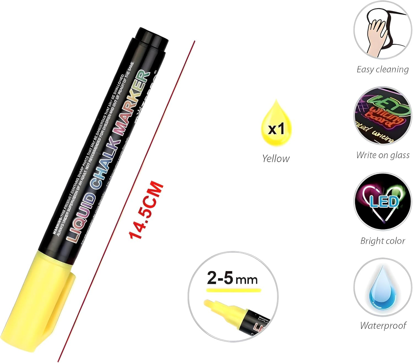 Liquid Chalk Marker Yellow 14.5 cm 2-5 mm for Chalkboards, Glass, Windows, Non-Porous Surfaces