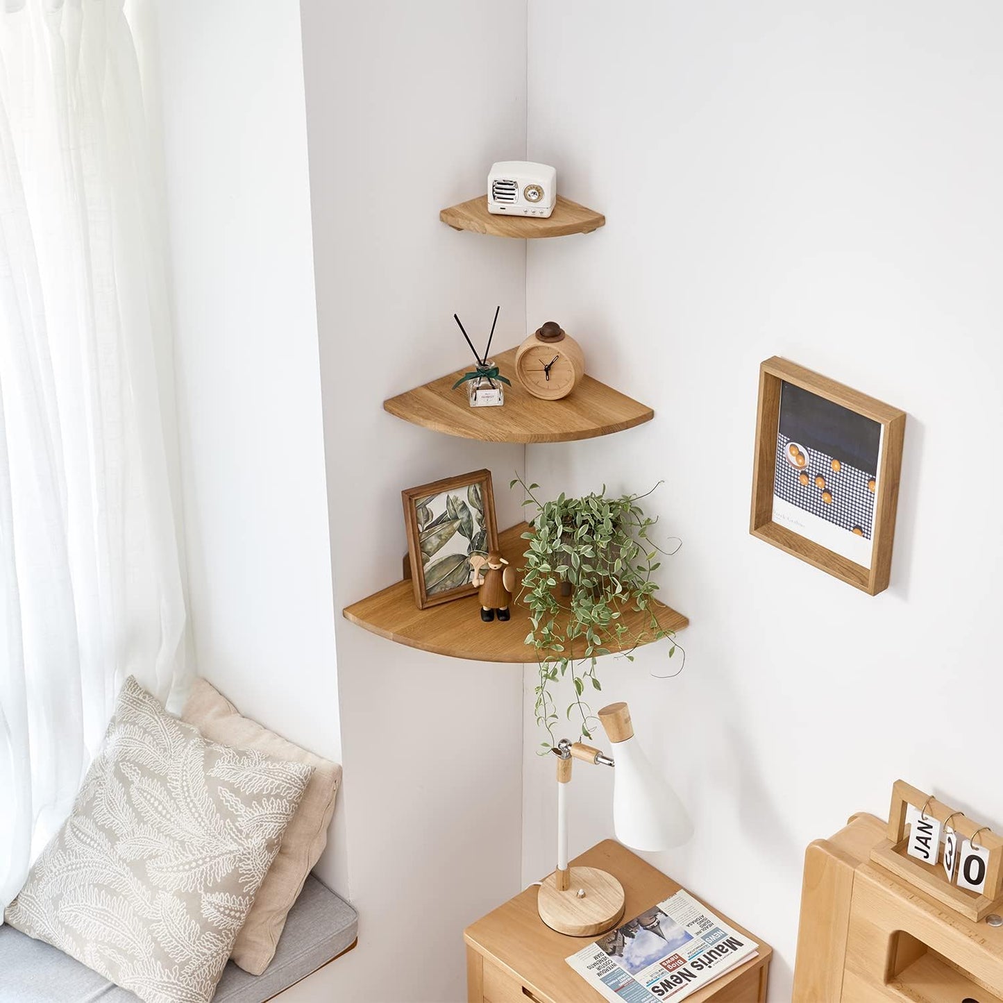 Corner Shelf Wall Mount, 12inch, Oak Wood, Floating, Round End, Small Corner Nightstand, Plant Shelf, For Kitchen Living Room Bedroom