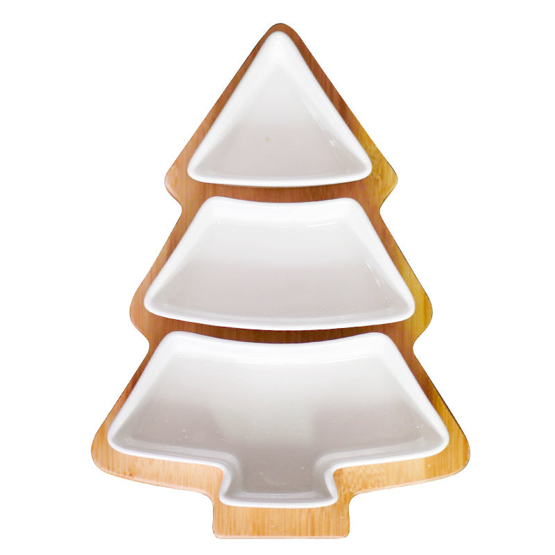 Eco-Friendly Bamboo Christmas Tree Serving Platter with Ceramic Dishes
