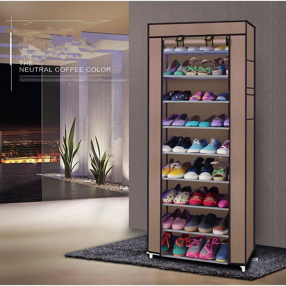 Neutral coffee shoe rack with fabric cover and metal frame
