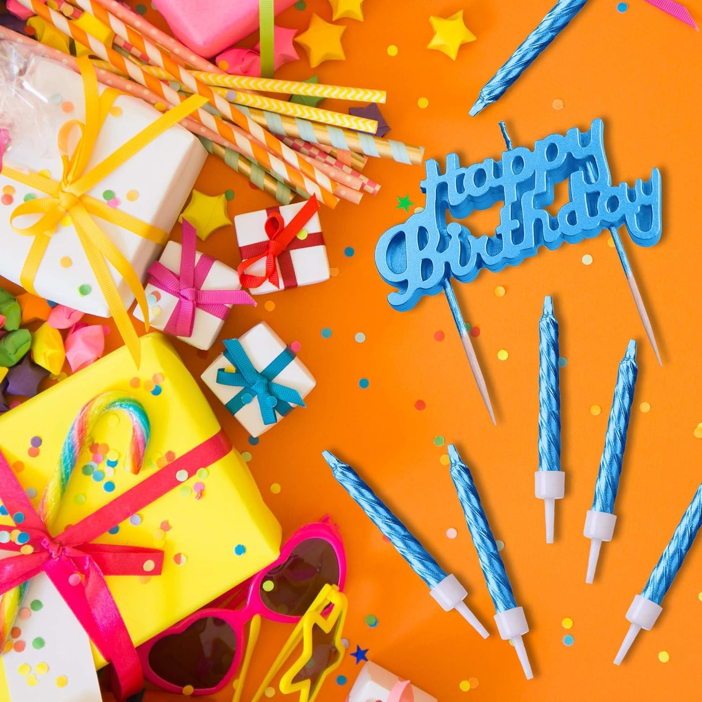 Blue Birthday Cake Candles Set, 10-Pack Spiral & Happy Birthday Letter Candles for Cake & Party Decoration