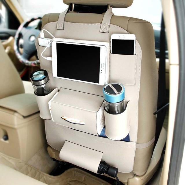 Brown Rectangular Car Seat Organizer with Multiple Pockets