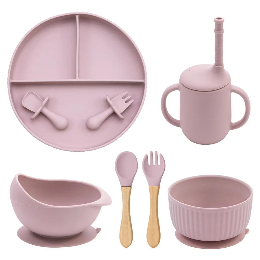 Eco-Friendly Pink Children's Dinnerware Set - Silicone & Wood