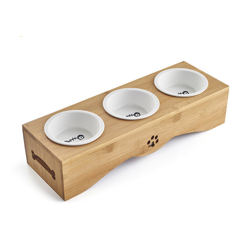 Eco-Friendly Bamboo Pet Feeding Station with Ceramic Bowls