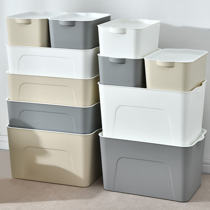 Stackable Rectangular Storage Bins in Beige, White, and Gray