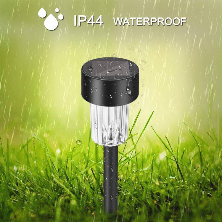 Solar-powered eco-friendly garden lights with cylindrical top and pointed stake