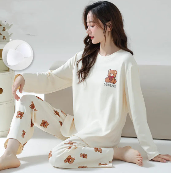 Cozy Cream Bear Print Pajama Set for Sustainable Comfort