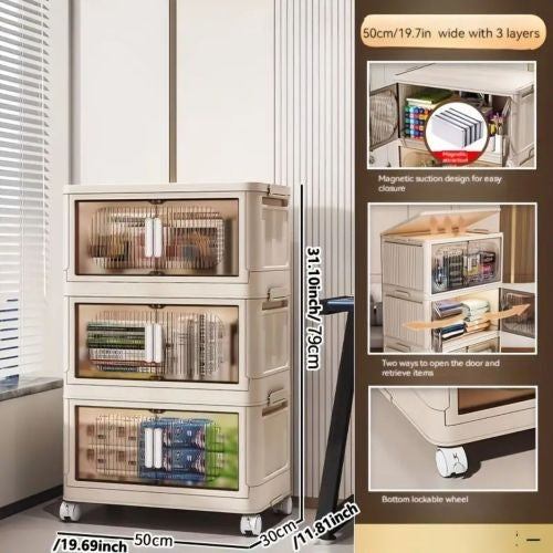 Beige Stackable Storage Cabinet with Wheels