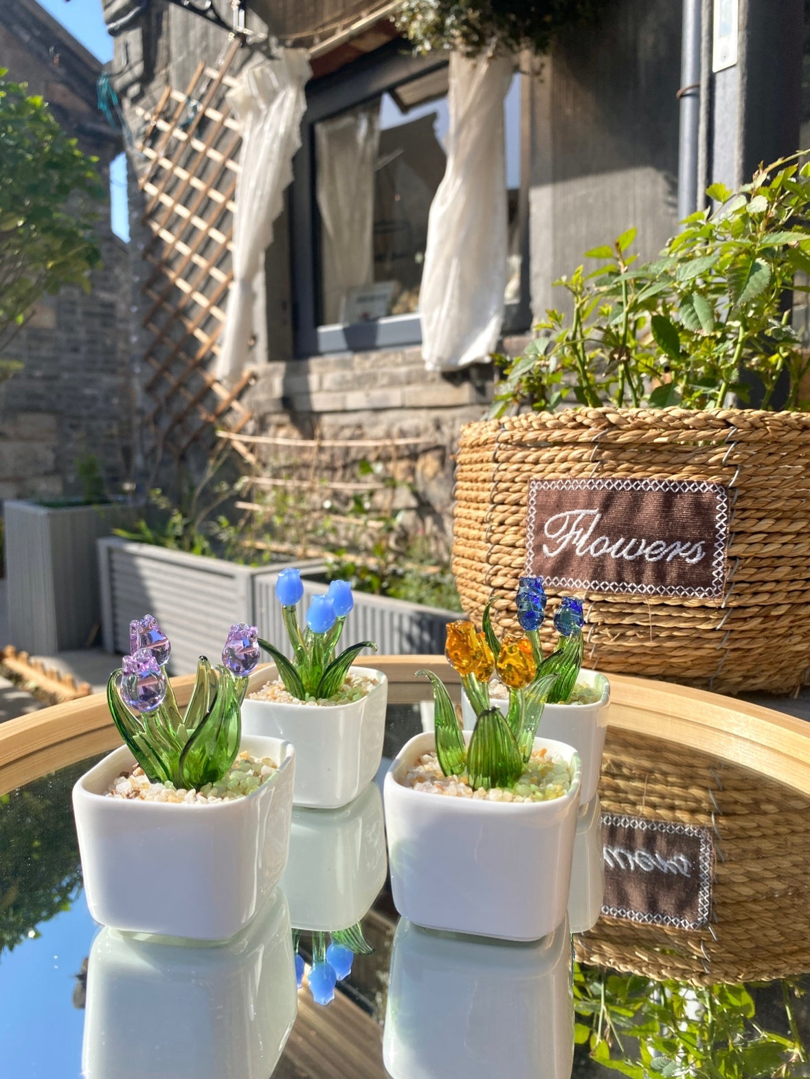 Eco-Friendly Glass Flower Arrangement in Ceramic Pots