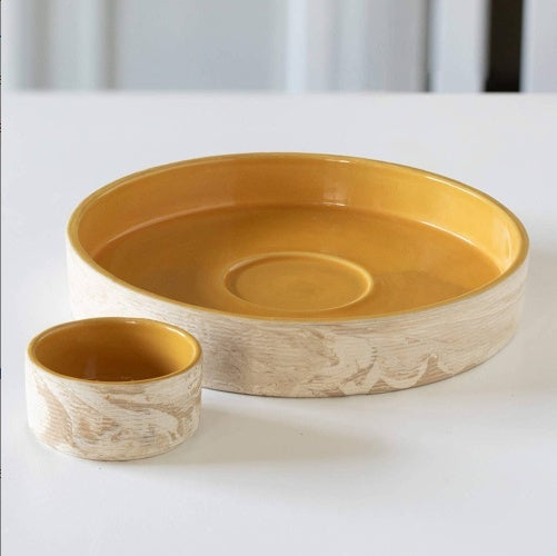 Eco-Friendly Round Serving Tray with Dip Bowl - Natural Wood & Yellow