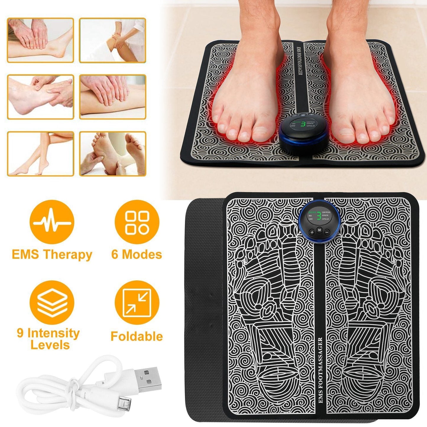 Rechargeable EMS Foot Massager Mat in Black with White Patterns